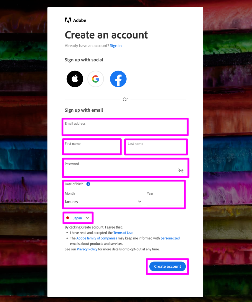 "Create an account"フォーム入力イメージ